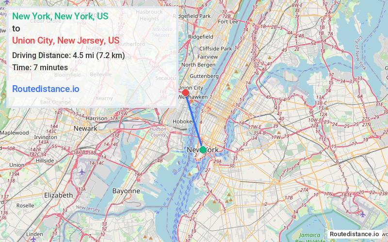 Route map from New York to Union City