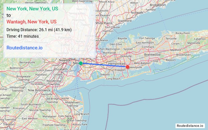 Route map from New York to Wantagh