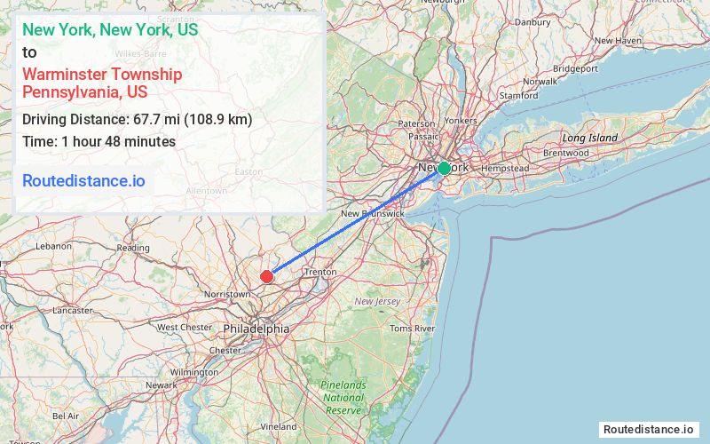 Route map from New York to Warminster Township