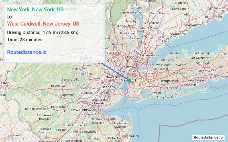 Route map from New York to West Caldwell