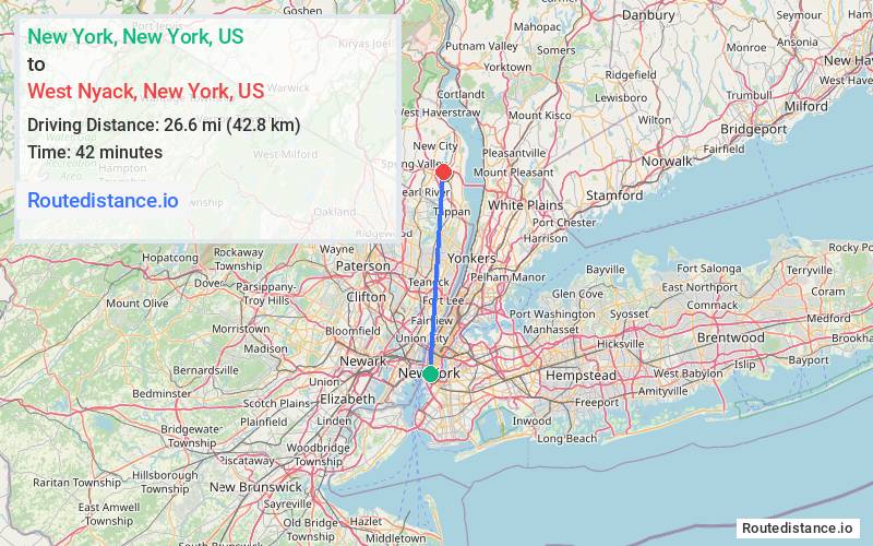 Route map from New York to West Nyack