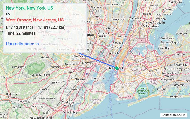 Distance from New York to West Orange