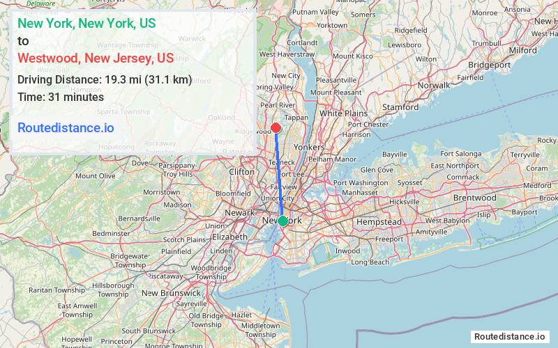 Route map from New York to Westwood