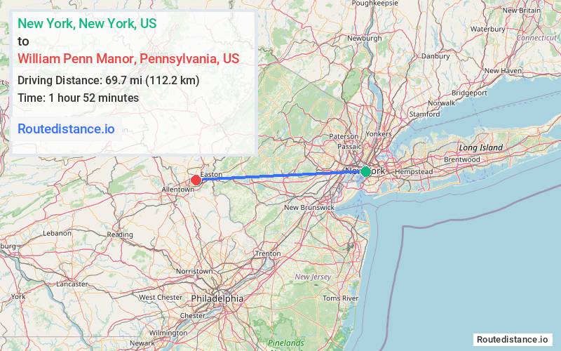 Route map from New York to William Penn Manor