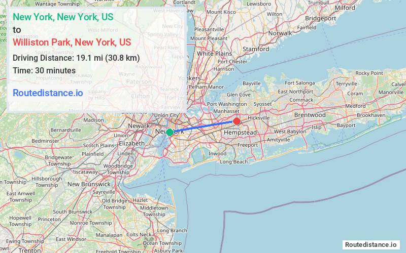 Route map from New York to Williston Park