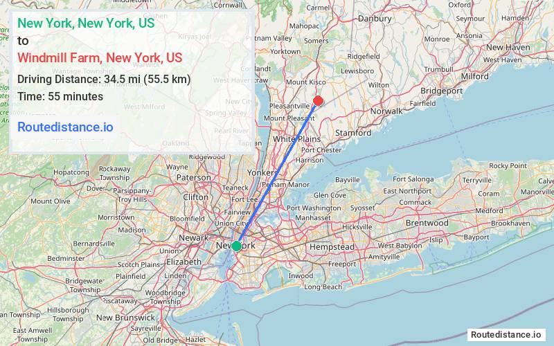 Route map from New York to Windmill Farm