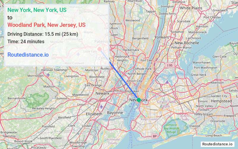Distance from New York to Woodland Park
