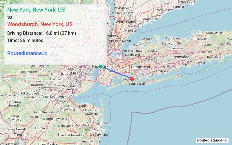 Route map from New York to Woodsburgh