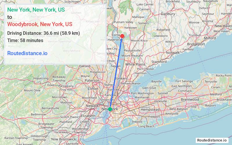 Route map from New York to Woodybrook