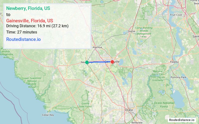 Route map from Newberry to Gainesville