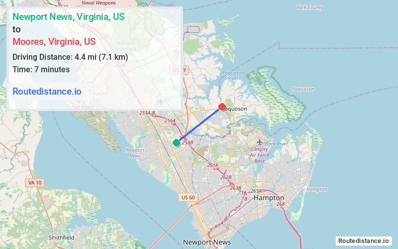Route map from Newport News to Moores