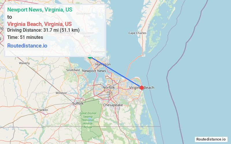 Distance from Newport News to Virginia Beach