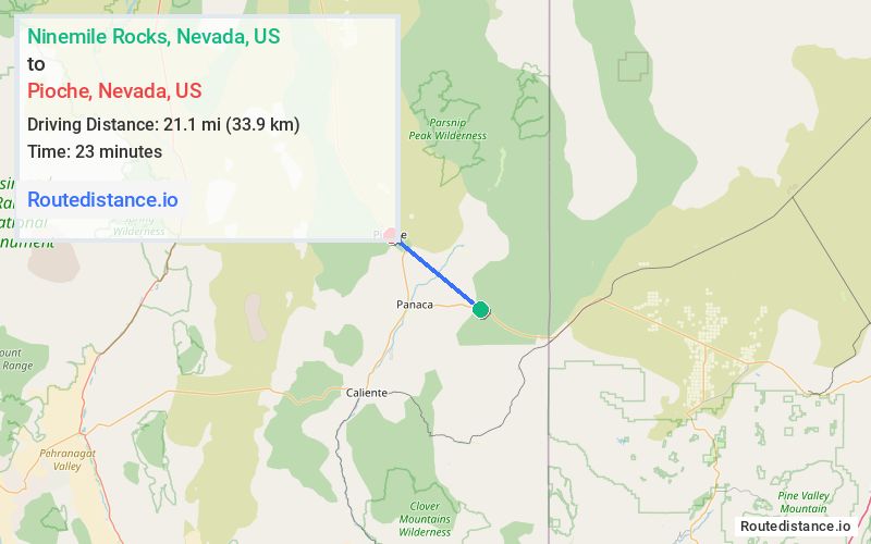 Route map from Ninemile Rocks to Pioche