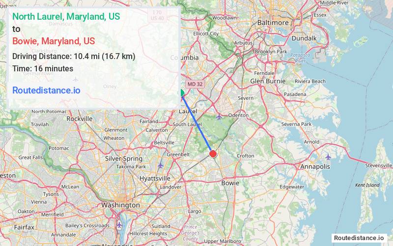 Route map from North Laurel to Bowie