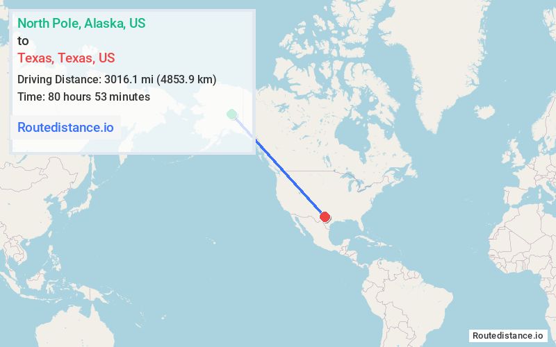 Route map from North Pole to Texas