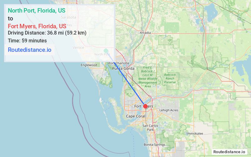 Route map from North Port to Fort Myers