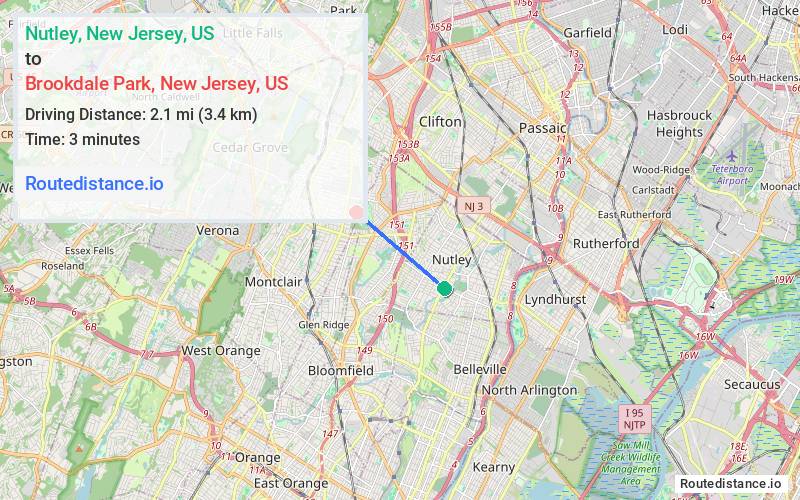 Route map from Nutley to Brookdale Park