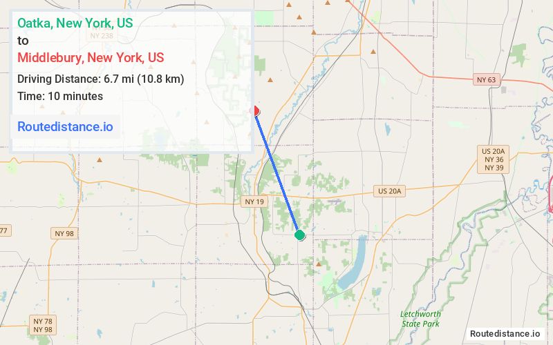 Route map from Oatka to Middlebury