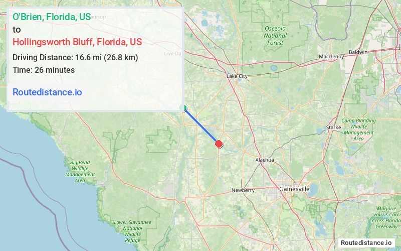 Distance from O'Brien to Hollingsworth Bluff