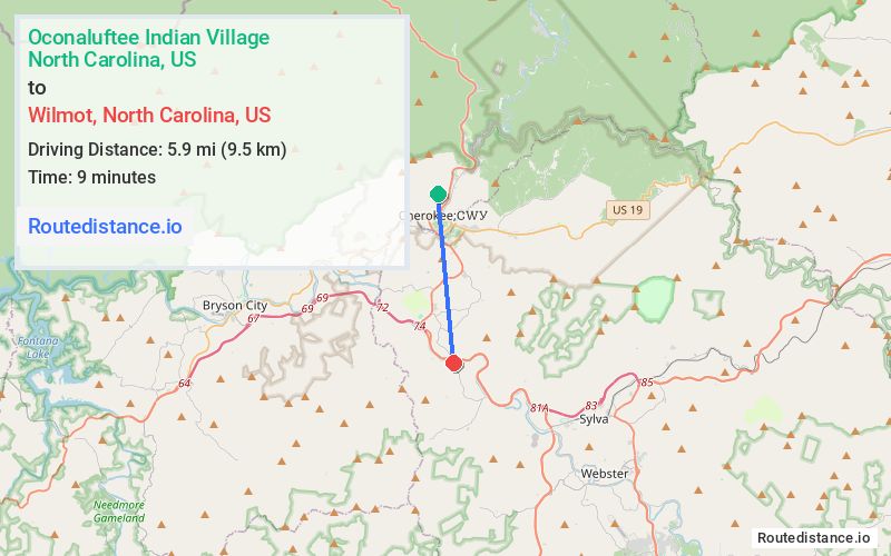 Route map from Oconaluftee Indian Village to Wilmot