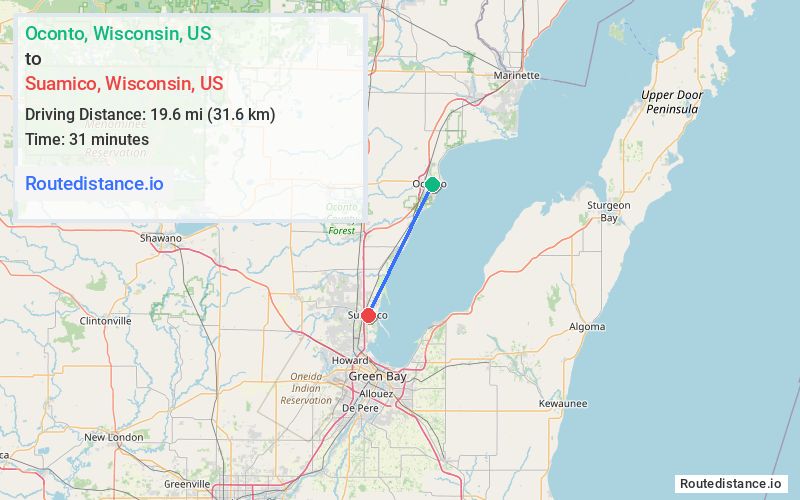 Route map from Oconto to Suamico