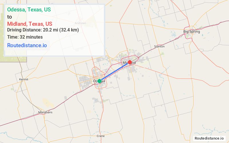 Route map from Odessa to Midland