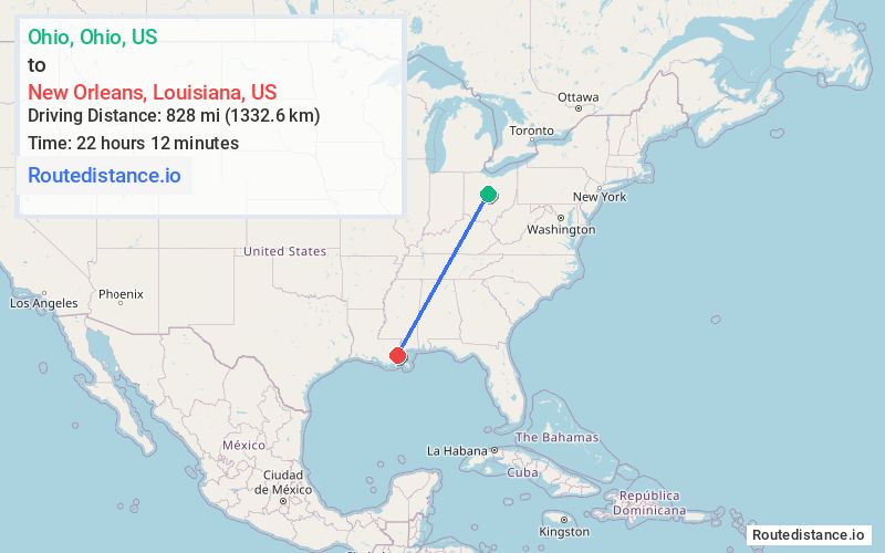 Route map from Ohio to New Orleans