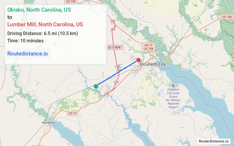 Distance from Okisko to Lumber Mill