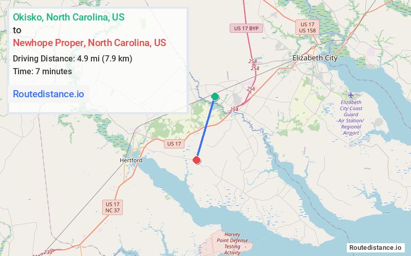 Distance from Okisko to Newhope Proper
