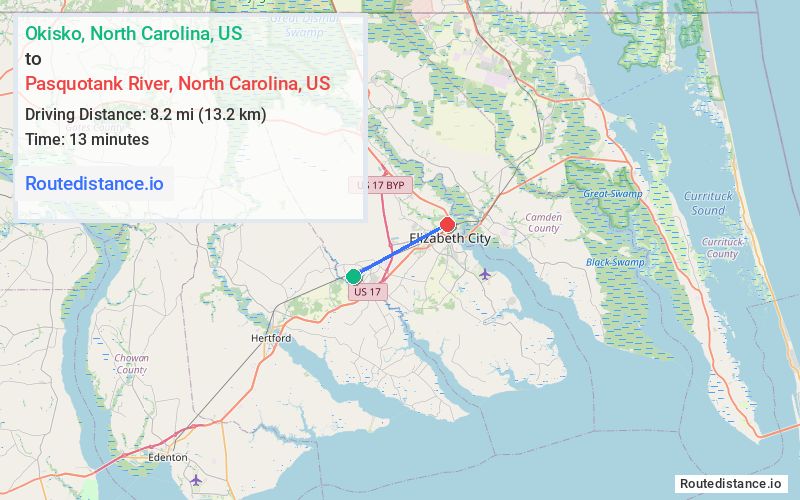Distance from Okisko to Pasquotank River