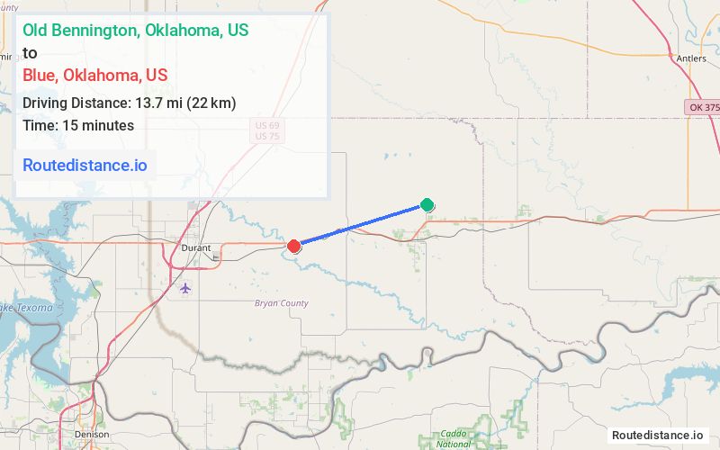 Route map from Old Bennington to Blue