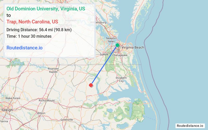 Route map from Old Dominion University to Trap