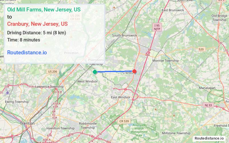 Route map from Old Mill Farms to Cranbury