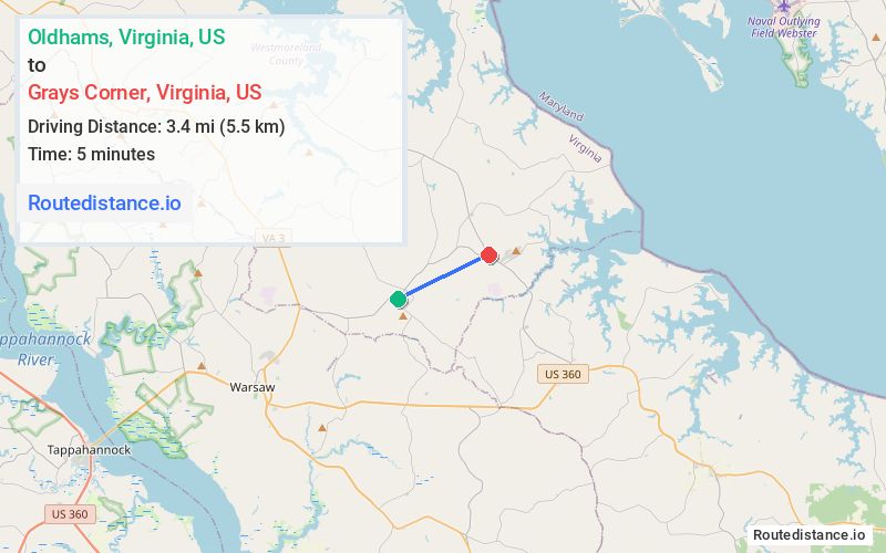 Distance from Oldhams to Grays Corner