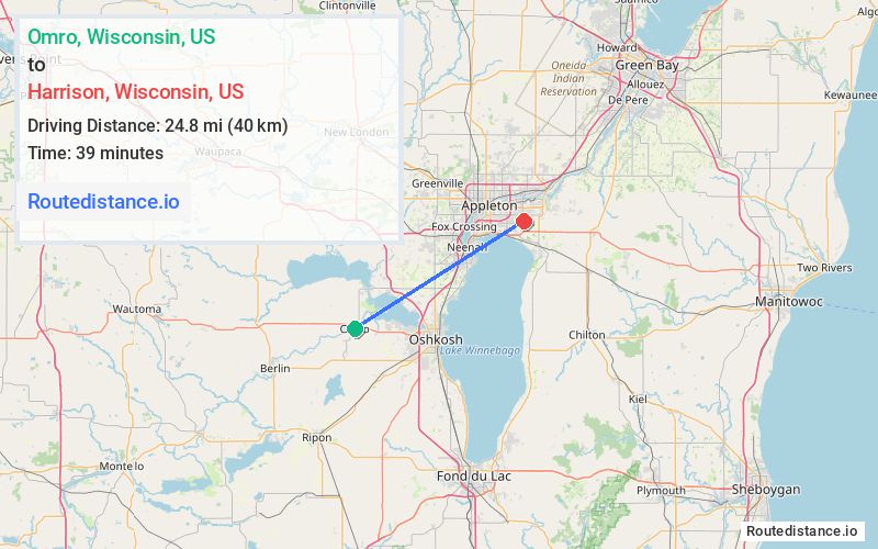 Route map from Omro to Harrison
