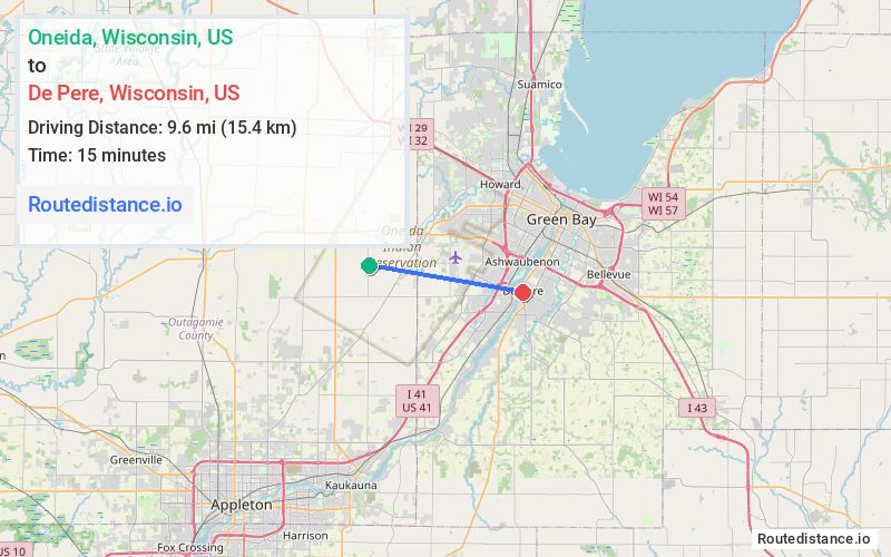 Route map from Oneida to De Pere