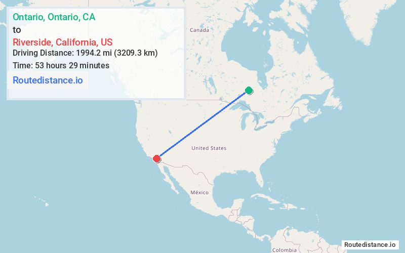Route map from Ontario to Riverside