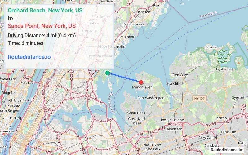 Route map from Orchard Beach to Sands Point