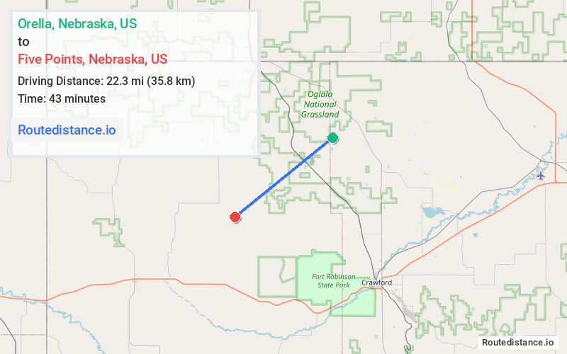Route map from Orella to Five Points