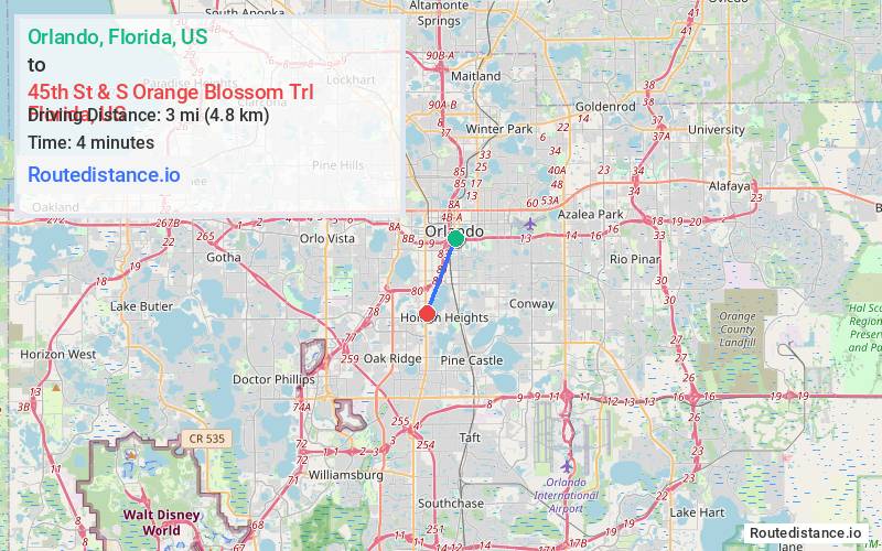 Distance from Orlando to 45th St & S Orange Blossom Trl