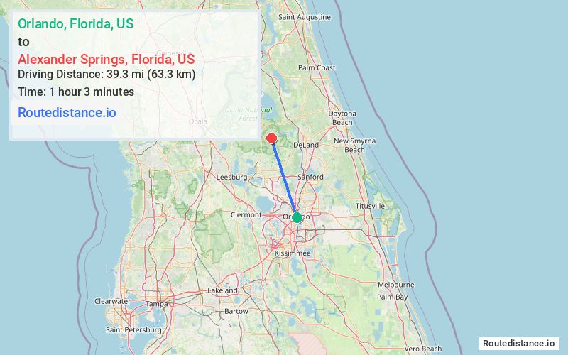 Route map from Orlando to Alexander Springs