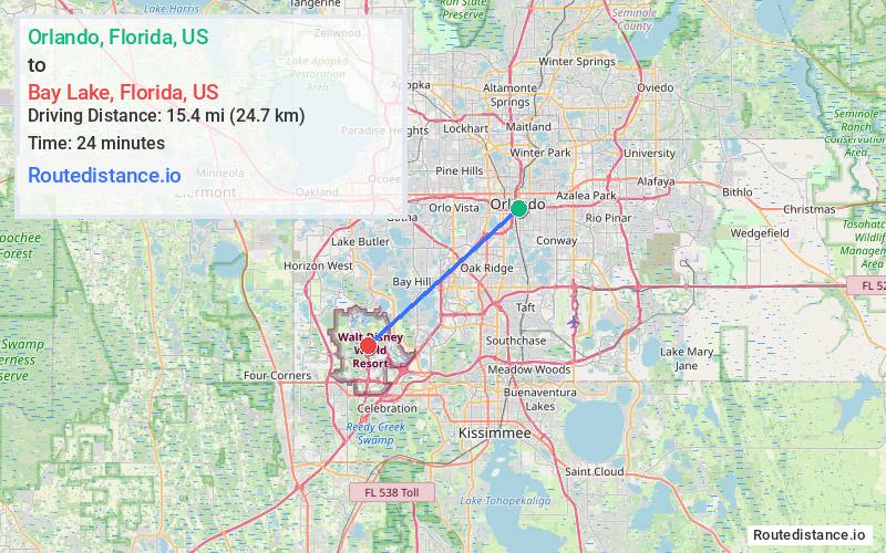 Route map from Orlando to Bay Lake