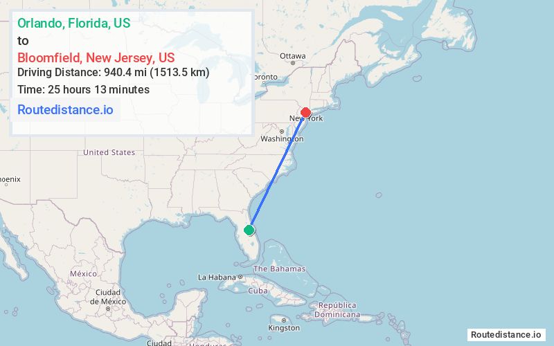 Distance from Orlando to Bloomfield
