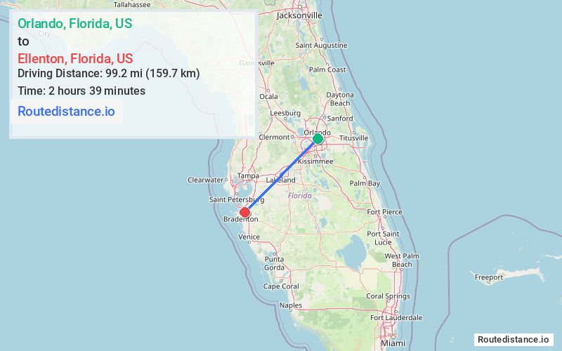 Route map from Orlando to Ellenton