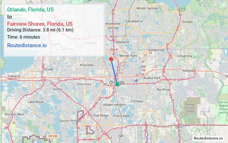 Distance from Orlando to Fairview Shores
