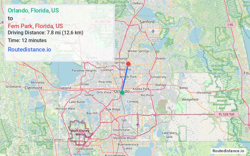 Route map from Orlando to Fern Park