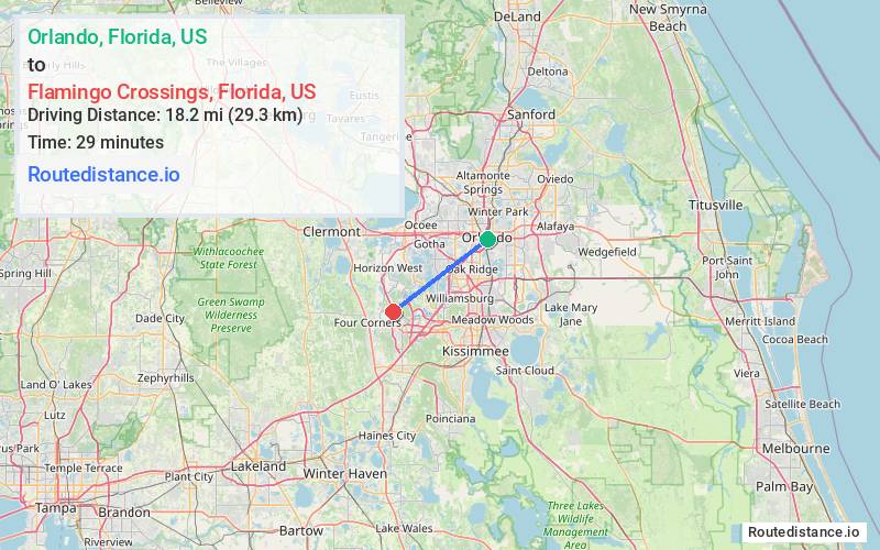 Route map from Orlando to Flamingo Crossings