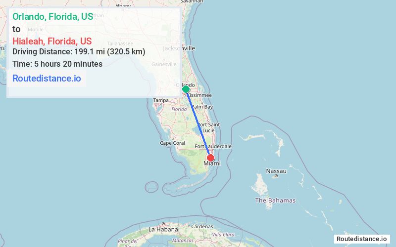 Route map from Orlando to Hialeah