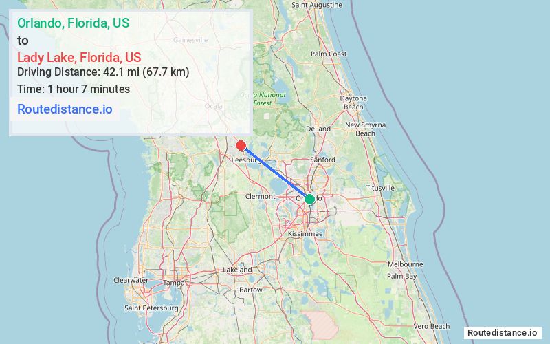 Route map from Orlando to Lady Lake