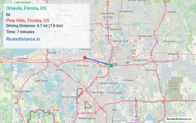 Distance from Orlando to Pine Hills